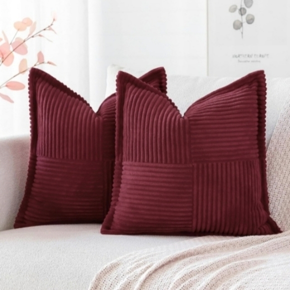 Cranberry Red Striped Corduroy Velvet Pillow Covers Set Square Throw Pillows New - Picture 2 of 9
